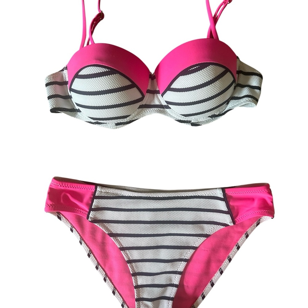 Pink and White Striped Bikini Set